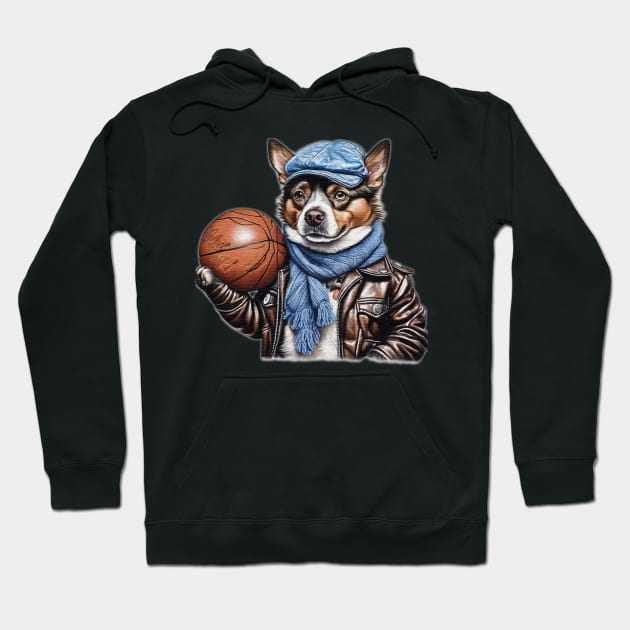 a dog wearing a leather jacket  and a hat holding a basketball ball Hoodie by JnS Merch Store